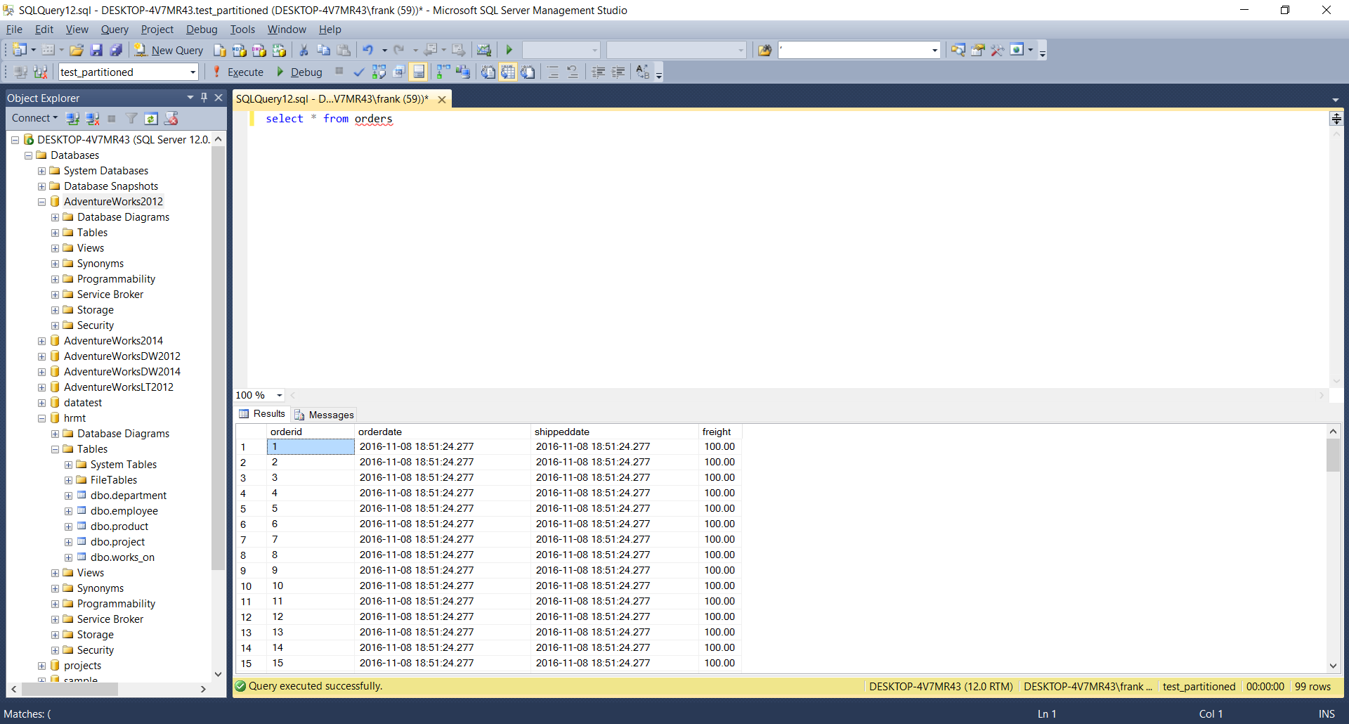 Select of Partition table with Column ORDERID